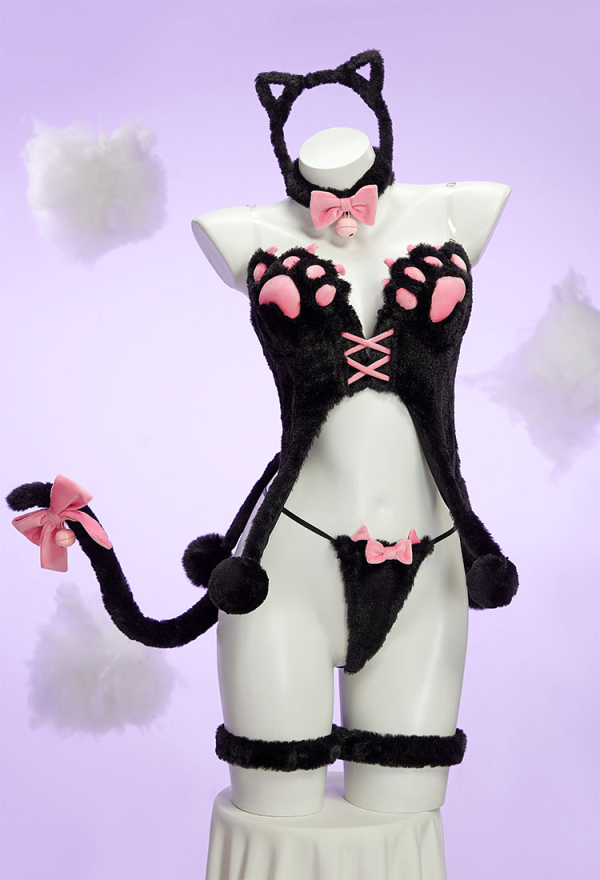 Midnight Meow Sexy Cosplay Set Winter Plush Cute Cat Paw Top and T-Back with Tail