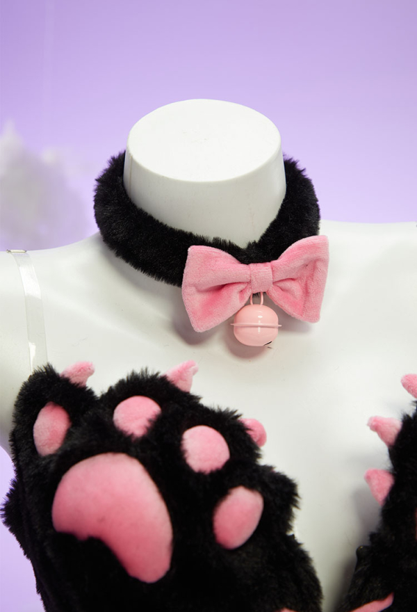 Midnight Meow Sexy Cosplay Set Winter Plush Cute Cat Paw Top and T-Back with Tail