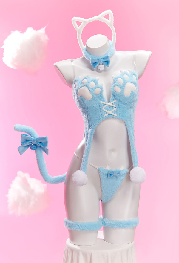 Midnight Meow Sexy Cosplay Set Winter Plush Cute Cat Paw Top and T-Back with Tail