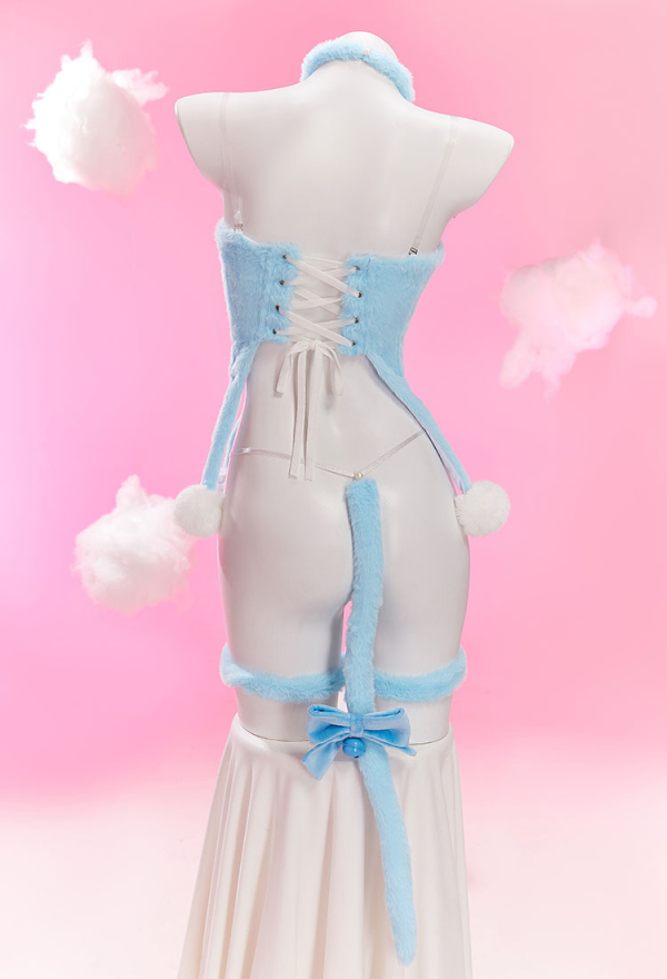 Midnight Meow Sexy Cosplay Set Winter Plush Cute Cat Paw Top and T-Back with Tail