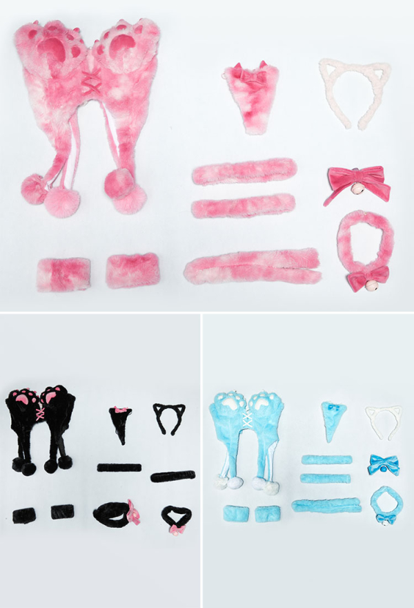 Midnight Meow Sexy Cosplay Set Winter Plush Cute Cat Paw Top and T-Back with Tail