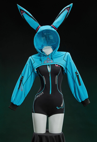 Cyber Style Tight Sportswear Jumpsuit with Hooded Short Jacket and Headdress