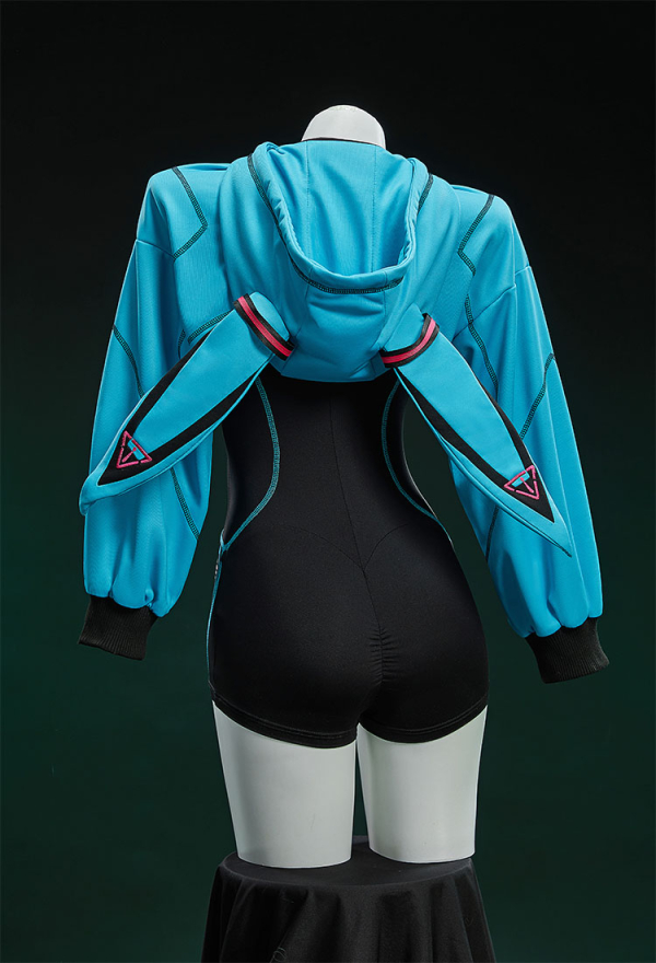 Cyber Style Tight Sportswear Jumpsuit with Hooded Short Jacket and Headdress