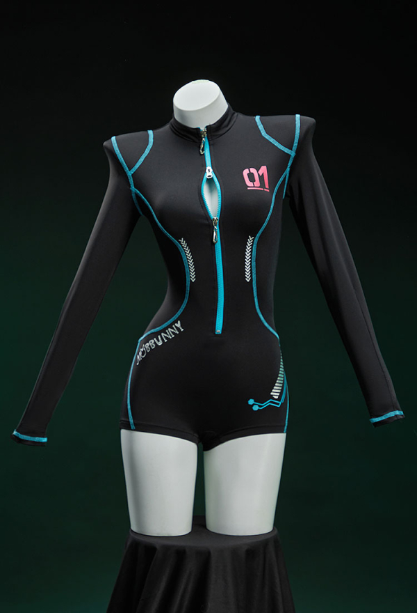 Cyber Style Tight Sportswear Jumpsuit with Hooded Short Jacket and Headdress