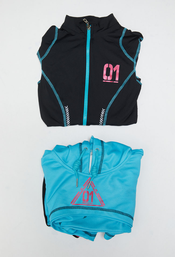 Cyber Style Tight Sportswear Jumpsuit with Hooded Short Jacket and Headdress