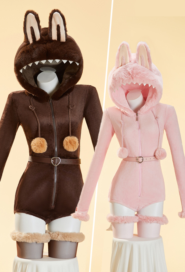 Plush Doll Derivative Sexy Cosplay Costume Furry Home Wear Hooded Romper with Tail and Stockings