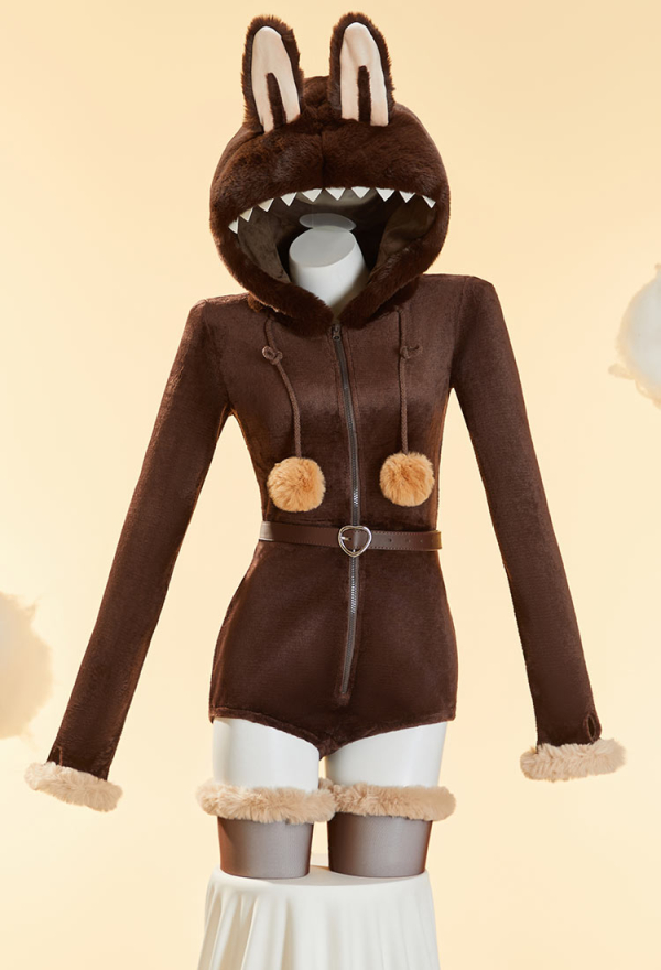 Plush Doll Derivative Sexy Cosplay Costume Furry Home Wear Hooded Romper with Tail and Stockings