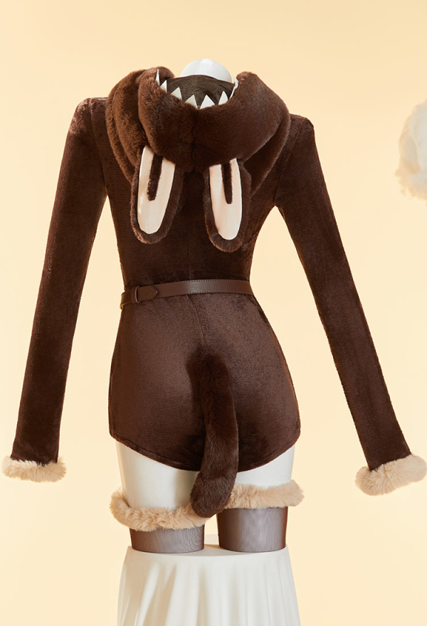 Plush Doll Derivative Sexy Cosplay Costume Furry Home Wear Hooded Romper with Tail and Stockings