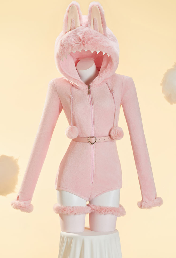 Plush Doll Derivative Sexy Cosplay Costume Furry Home Wear Hooded Romper with Tail and Stockings