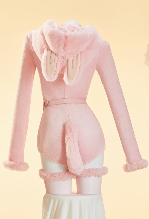 Plush Doll Derivative Sexy Cosplay Costume Furry Home Wear Hooded Romper with Tail and Stockings