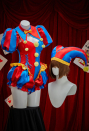 Halloween Clown Cosplay Costume Blue and Red Color-blocked Bodysuit and Jacket with Hat and Gloves