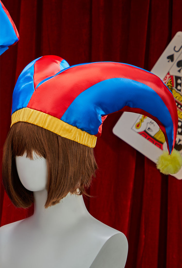 Halloween Clown Cosplay Costume Blue and Red Color-blocked Bodysuit and Jacket with Hat and Gloves Halloween Clown Cosplay Costume Blue and Red Color-blocked Bodysuit and Jacket with Hat and Gloves