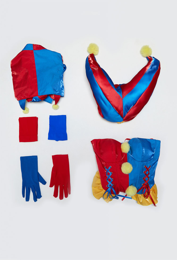 Halloween Clown Cosplay Costume Blue and Red Color-blocked Bodysuit and Jacket with Hat and Gloves Halloween Clown Cosplay Costume Blue and Red Color-blocked Bodysuit and Jacket with Hat and Gloves