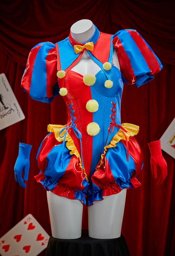 Halloween Clown Cosplay Costume Blue and Red Color-blocked Bodysuit and Jacket with Hat and Gloves Halloween Clown Cosplay Costume Blue and Red Color-blocked Bodysuit and Jacket with Hat and Gloves