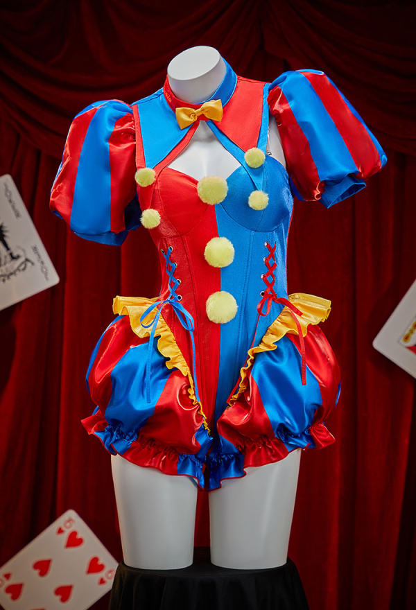 Halloween Clown Cosplay Costume Blue and Red Color-blocked Bodysuit and Jacket with Hat and Gloves Halloween Clown Cosplay Costume Blue and Red Color-blocked Bodysuit and Jacket with Hat and Gloves