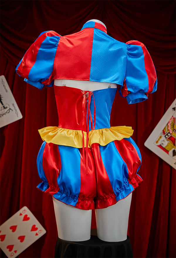 Halloween Clown Cosplay Costume Blue and Red Color-blocked Bodysuit and Jacket with Hat and Gloves Halloween Clown Cosplay Costume Blue and Red Color-blocked Bodysuit and Jacket with Hat and Gloves