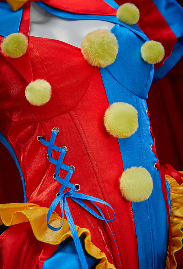 Halloween Clown Cosplay Costume Blue and Red Color-blocked Bodysuit and Jacket with Hat and Gloves Halloween Clown Cosplay Costume Blue and Red Color-blocked Bodysuit and Jacket with Hat and Gloves