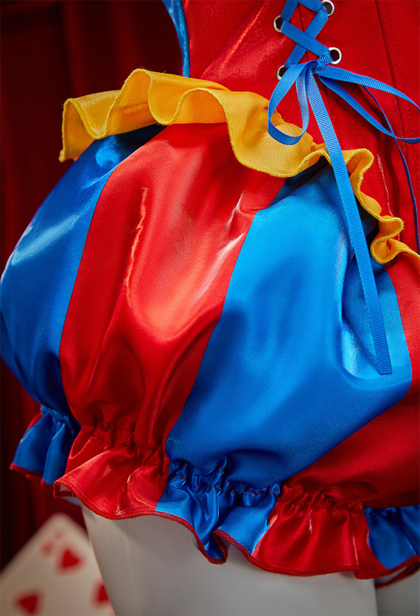 Halloween Clown Cosplay Costume Blue and Red Color-blocked Bodysuit and Jacket with Hat and Gloves Halloween Clown Cosplay Costume Blue and Red Color-blocked Bodysuit and Jacket with Hat and Gloves