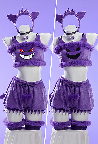 Purple Ghost Sexy Plush Homewear Crop Top and Shorts with Hairband Tail