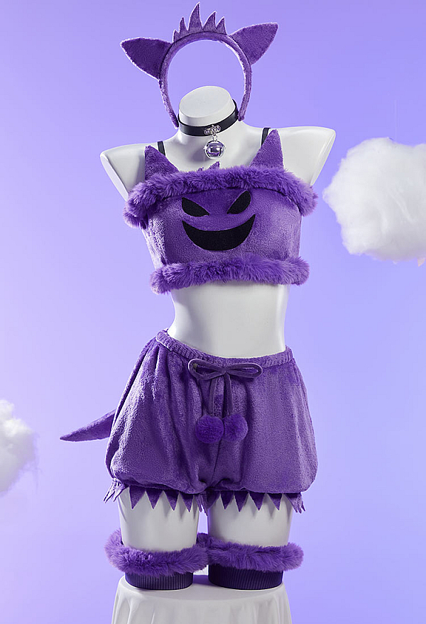 Purple Ghost Sexy Plush Homewear Crop Top and Shorts with Hairband Tail Purple Ghost Sexy Plush Homewear Crop Top and Shorts with Hairband Tail