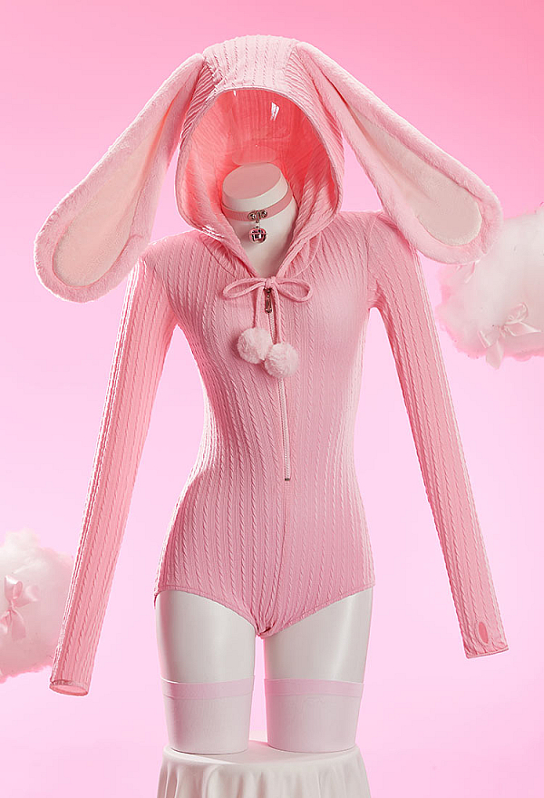 Bunny Girl Knit Bodysuit Cute Homewear Romper Rabbit Ear Hooded Bodysuit