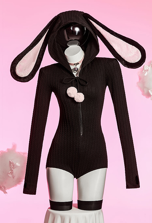 Bunny Girl Knit Bodysuit Cute Homewear Romper Rabbit Ear Hooded Bodysuit