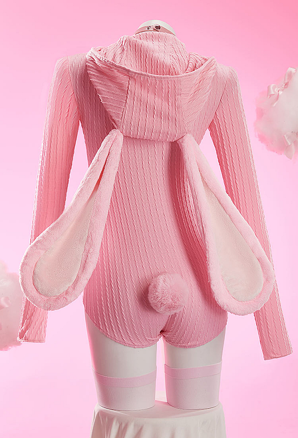 Bunny Girl Knit Bodysuit Cute Homewear Romper Rabbit Ear Hooded Bodysuit