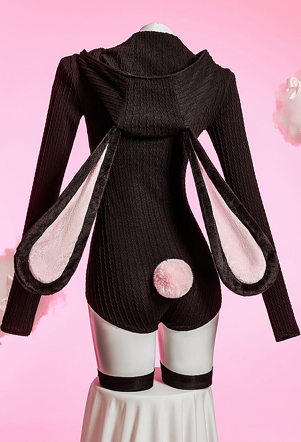 Bunny Girl Knit Bodysuit Cute Homewear Romper Rabbit Ear Hooded Bodysuit