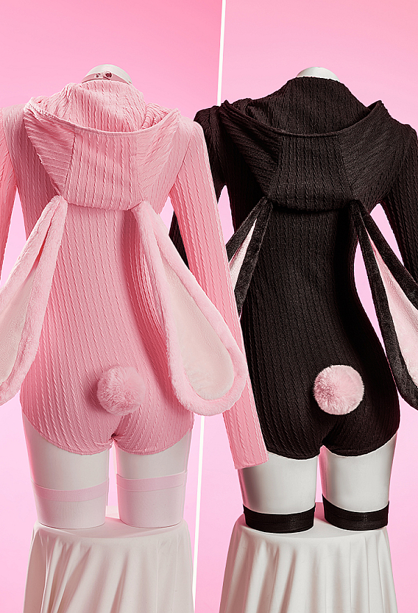 Bunny Girl Knit Bodysuit Cute Homewear Romper Rabbit Ear Hooded Bodysuit