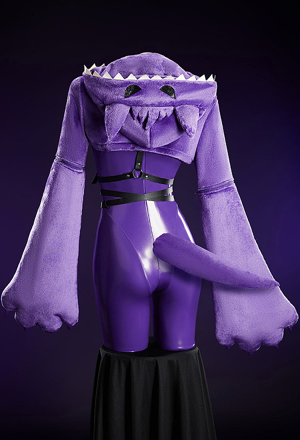 Purple Ghost Sexy Cosplay Costume Bodysuit with Plush High Cutout Hoodie Furry Paws and Tail Purple Ghost Sexy Cosplay Costume Bodysuit with Plush High Cutout Hoodie Furry Paws and Tail