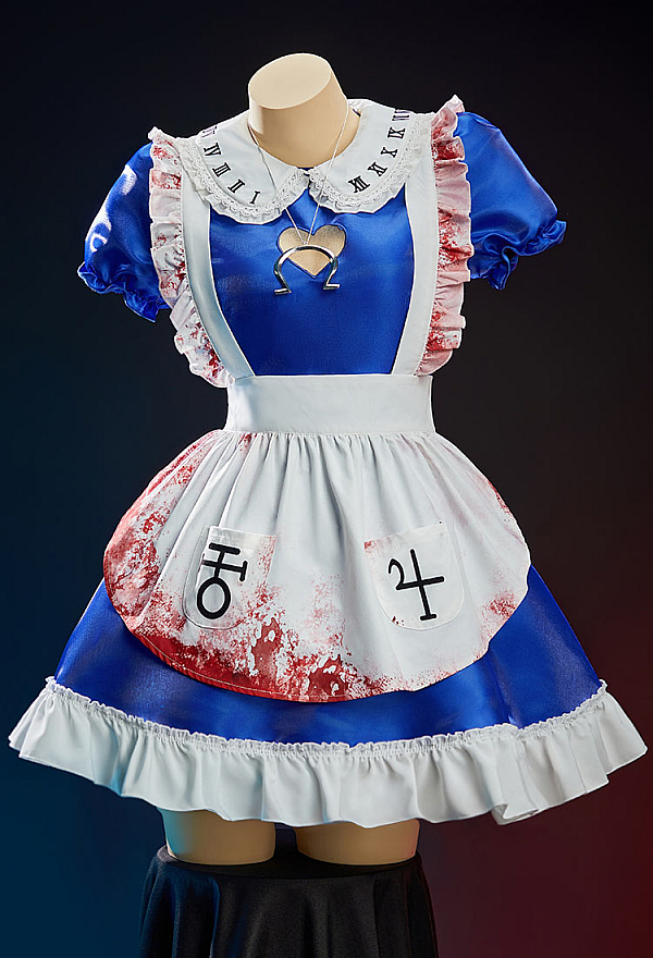 Vengeance in Wonderland Halloween Costume Puff-sleeved Dress with Bloodstain Print Apron and Stockings Vengeance in Wonderland Halloween Costume Puff-sleeved Dress with Bloodstain Print Apron and Stockings