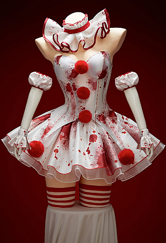 Moonlit Jester Halloween Gothic Lingerie Set Bloodstain Print Off-shoulder Top and Skirt with Collar