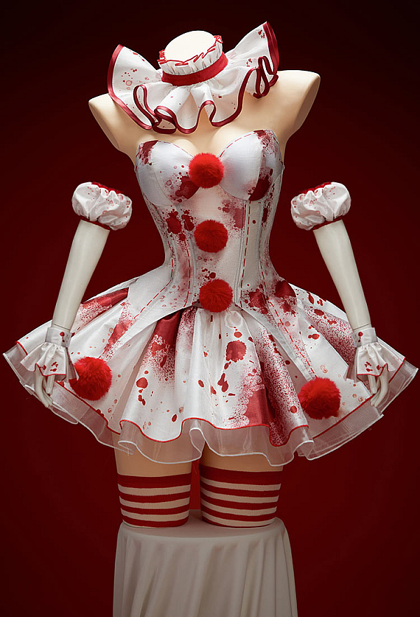 Moonlit Jester Halloween Gothic Lingerie Set Bloodstain Print Off-shoulder Top and Skirt with Collar