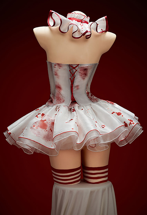 Moonlit Jester Halloween Gothic Lingerie Set Bloodstain Print Off-shoulder Top and Skirt with Collar