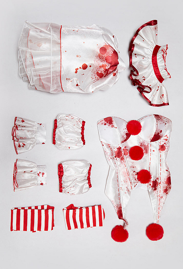Moonlit Jester Halloween Gothic Lingerie Set Bloodstain Print Off-shoulder Top and Skirt with Collar