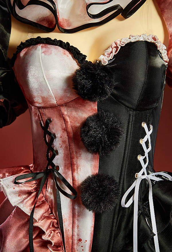 Moonlit Jester Sexy Cosplay Costume Black White Color-block Bodysuit and Puff Sleeves Bolero with Hat and Collar
