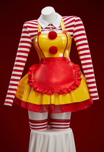 Halloween Joker Waitress Outfit Pinafore Dress and Red White Striped Crop Top with Apron