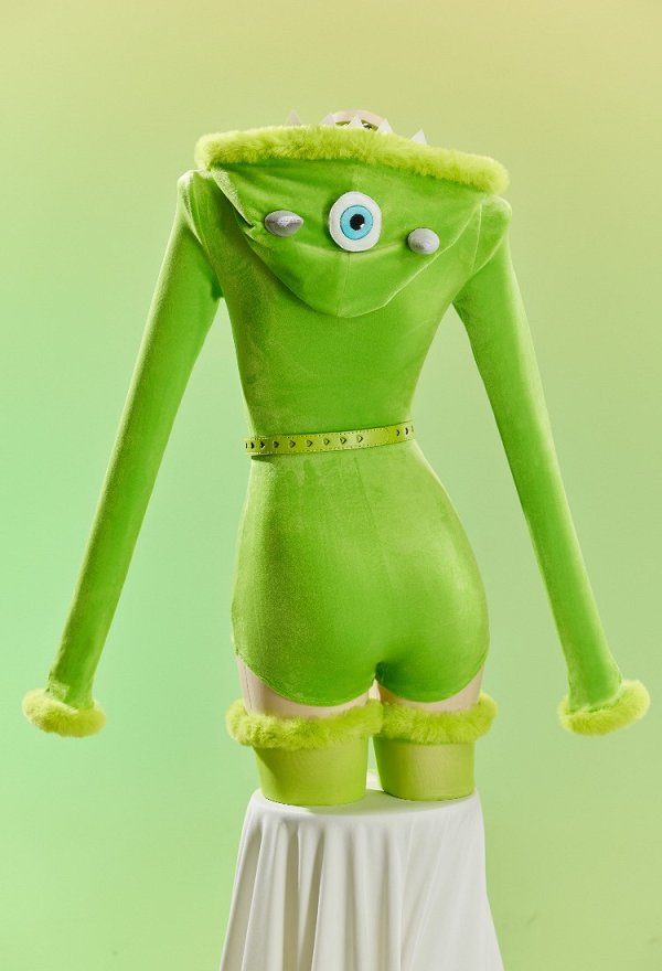 Cute Monster Sexy Cosplay Costume Plush Romper Halloween Hooded Bodysuit with Belt and Thigh-high Stockings