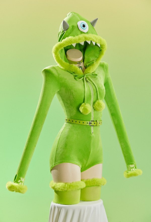 Cute Monster Sexy Cosplay Costume Plush Romper Halloween Hooded Bodysuit with Belt and Thigh-high Stockings