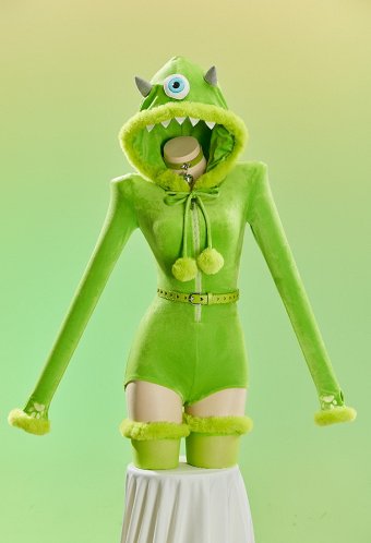 Cute Monster Sexy Cosplay Costume Plush Romper Halloween Hooded Bodysuit with Belt and Thigh-high Stockings