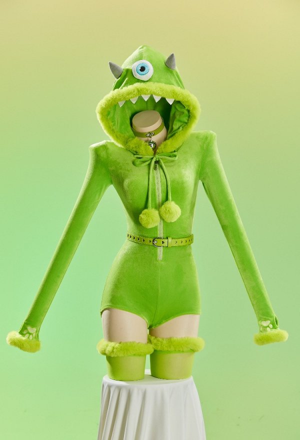 Cute Monster Sexy Cosplay Costume Plush Romper Halloween Hooded Bodysuit with Belt and Thigh-high Stockings