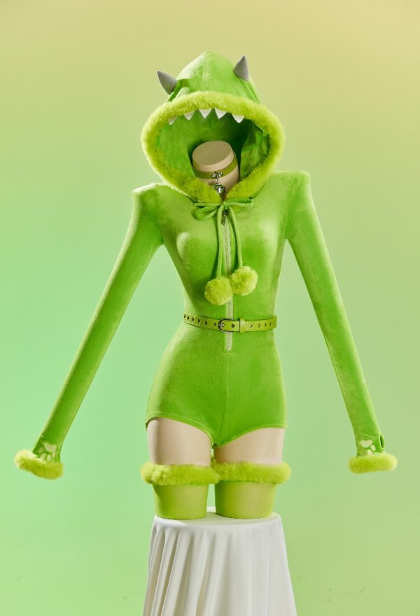 Cute Monster Sexy Cosplay Costume Plush Romper Halloween Hooded Bodysuit with Belt and Thigh-high Stockings