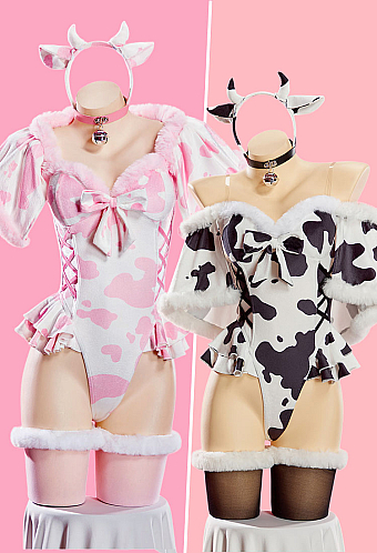 Sexy Plush Cow Print Jumpsuit High Slit Bodysuit Short Cape and Headband