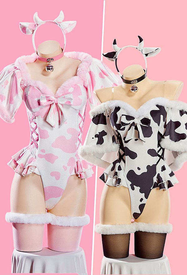 Sexy Plush Cow Print Jumpsuit High Slit Bodysuit Short Cape and Headband