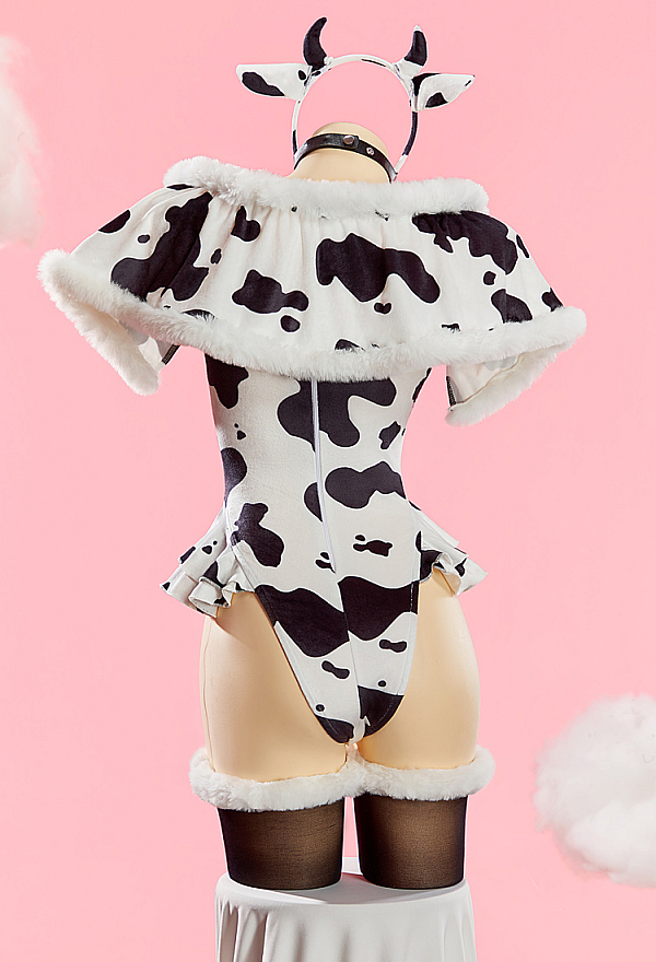 Sexy Plush Cow Print Jumpsuit High Slit Bodysuit Short Cape and Headband