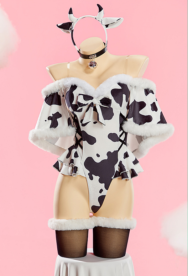 Sexy Plush Cow Print Jumpsuit High Slit Bodysuit Short Cape and Headband