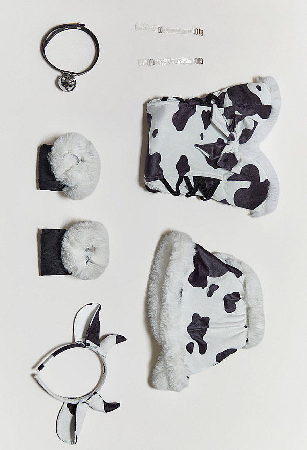 Sexy Plush Cow Print Jumpsuit High Slit Bodysuit Short Cape and Headband