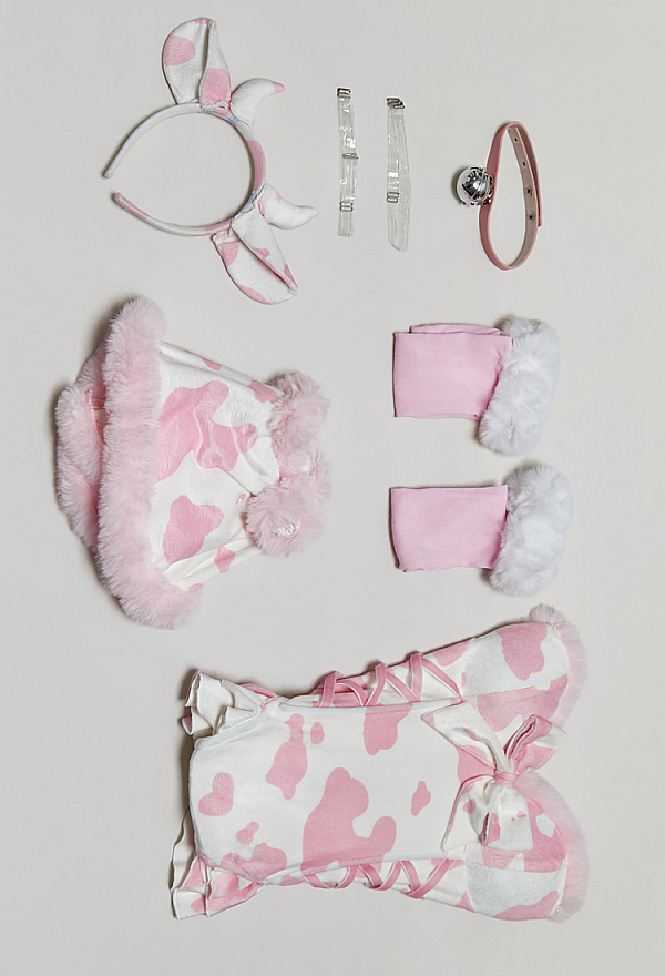 Sexy Plush Cow Print Jumpsuit High Slit Bodysuit Short Cape and Headband