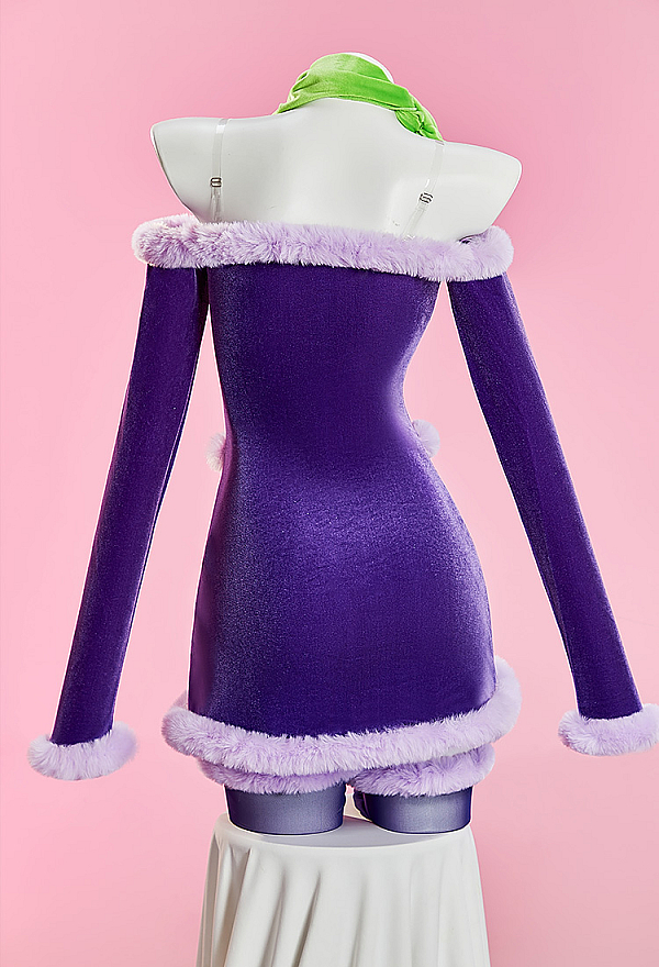 Halloween Sexy Costume Purple Off-the-shoulder Dress with Furry Scarf and Headband