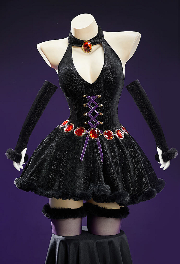 Love Healer Purple Plush Suit Winter Velvet Halter Dress with Hooded Cape and Sleeves